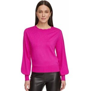 DKNY Pink Studded Crewneck Sweater Donna Karan Embellished Electric Pink Medium